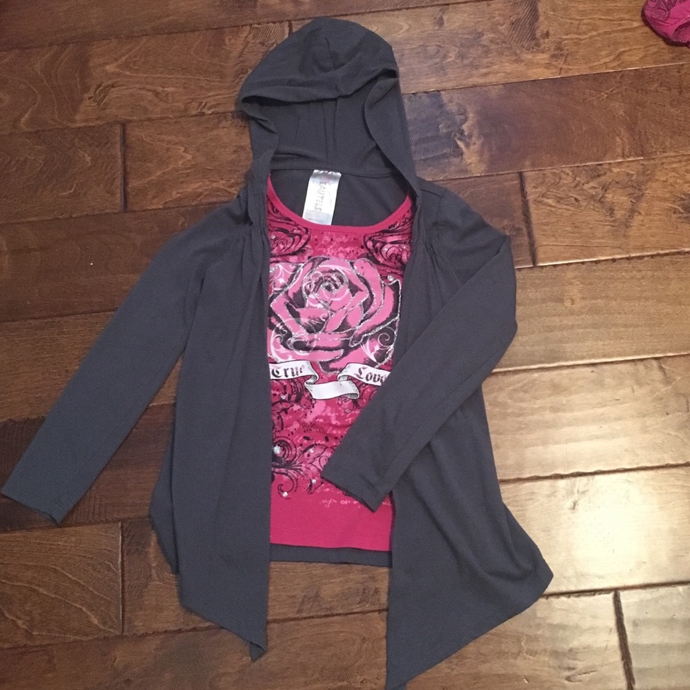 Pink shirt with grey attached hoodie